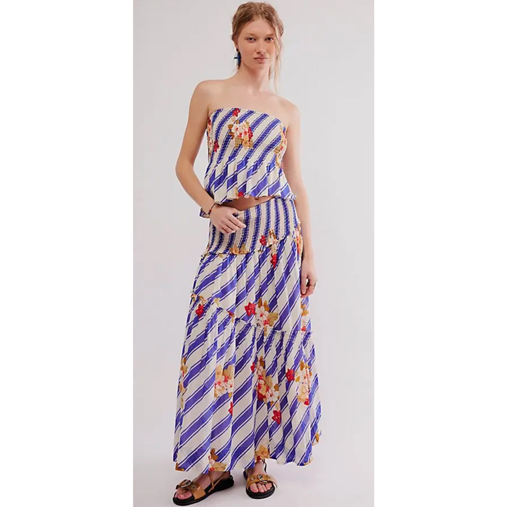 FREE PEOPLE SAILOR COMBO ELLIOT FLORAL STRIPED TIERED MAXI SKIRT TUBE TOP SET XS